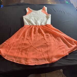 GB Girls white lace top and coral/orange chiffon bottom fit-and-flare dress